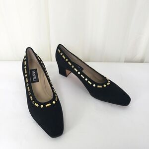 Vaneli black suede leather gold studded block chunky heel 8.5 NARROW